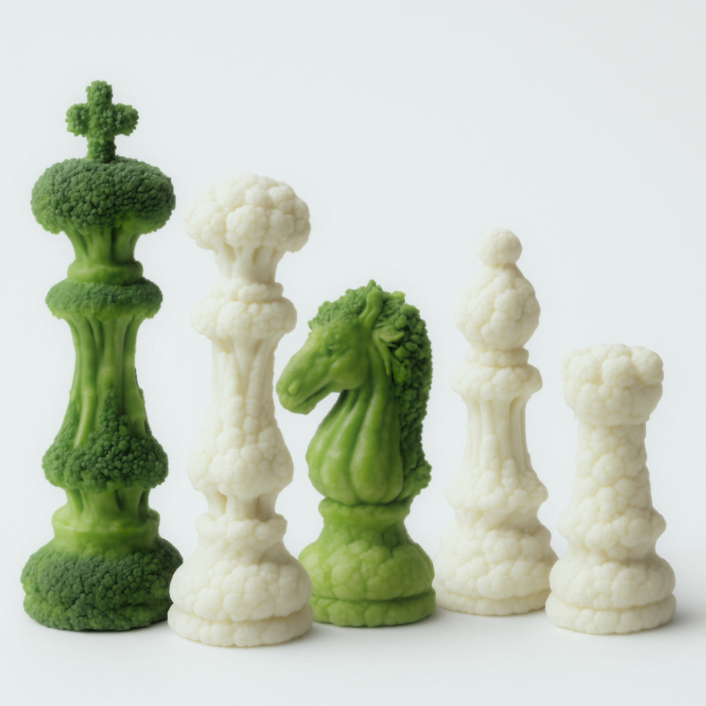 Six chess pieces made from broccoli and cauliflower
