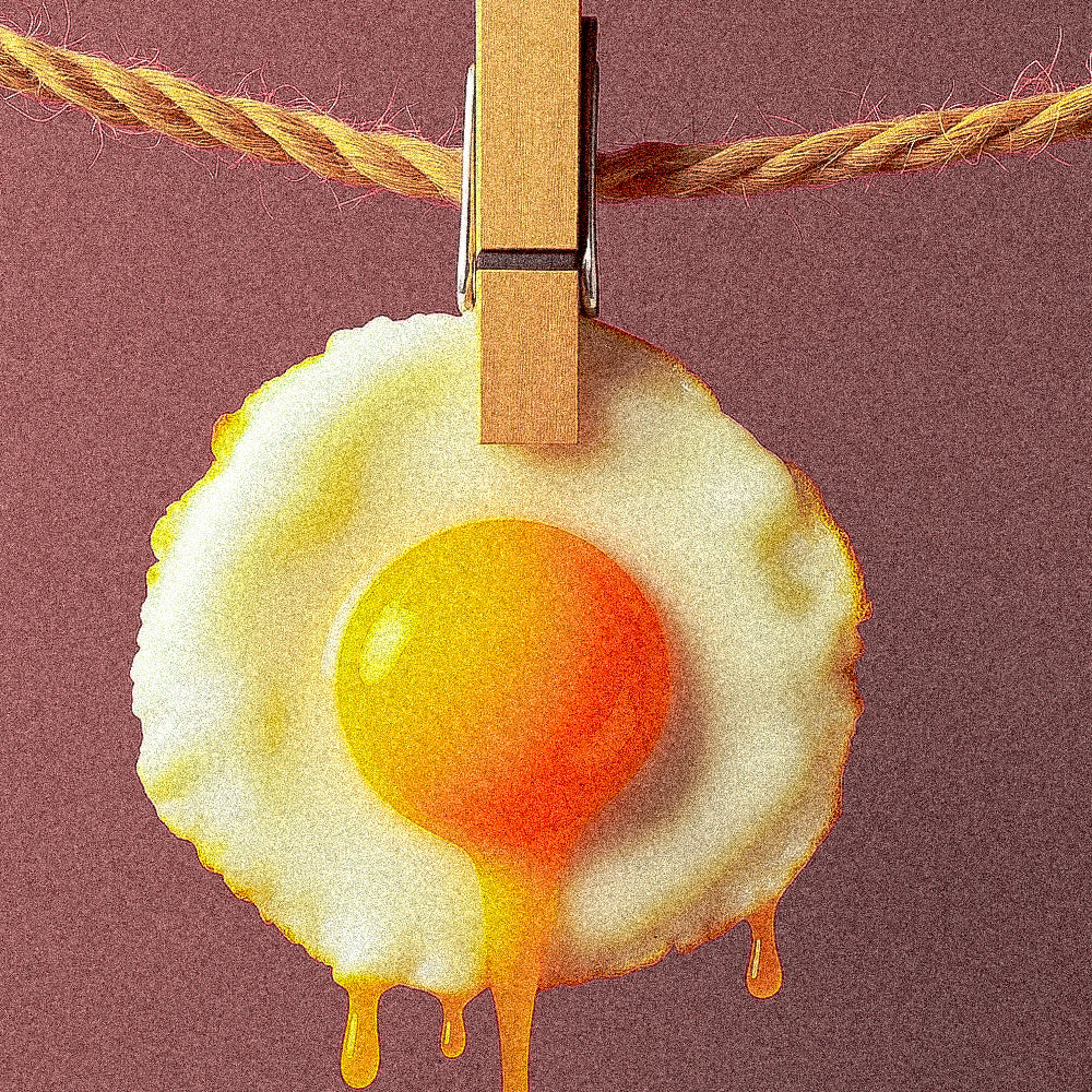 Fried egg on clothes line with wooden peg