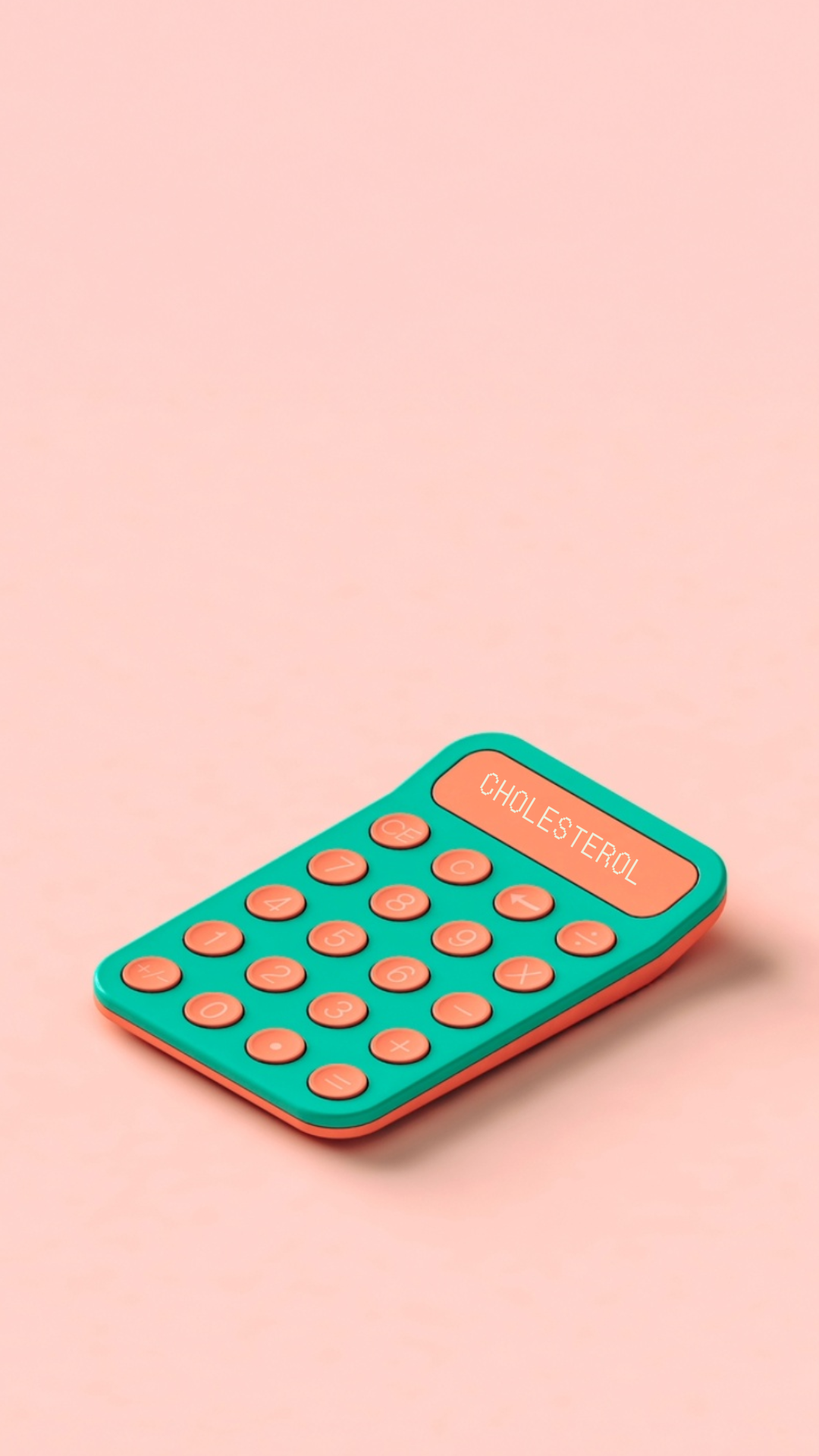 A pastel-colored calculator with a receipt roll labeled with key cholesterol metrics: Total Cholesterol, HDL Cholesterol, LDL Cholesterol, and Triglycerides, symbolizing a calculation of cholesterol levels